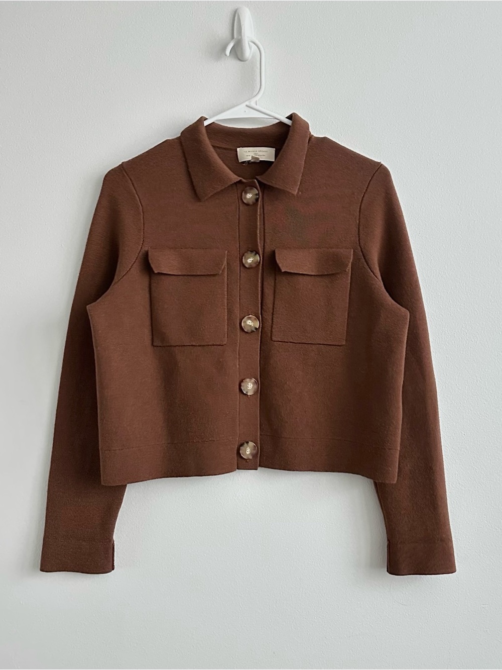 Sezane Betty Hazelnut Brown Merino Wool Collared Shirt Cardigan Size S
